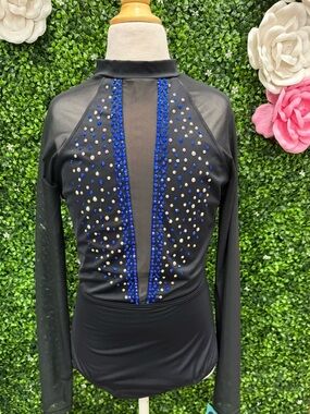 Balera Black Long-Sleeve Dance Top with Blue Crystal Stripes